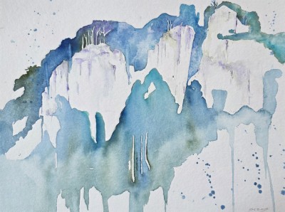 Aquarellbild mit  grünen Felsen Landschaft